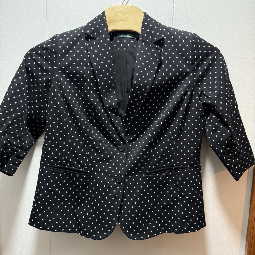 Lauren Ralph Lauren Blazer Jacket Women's Size 14W Black White Polka Dot Stretch